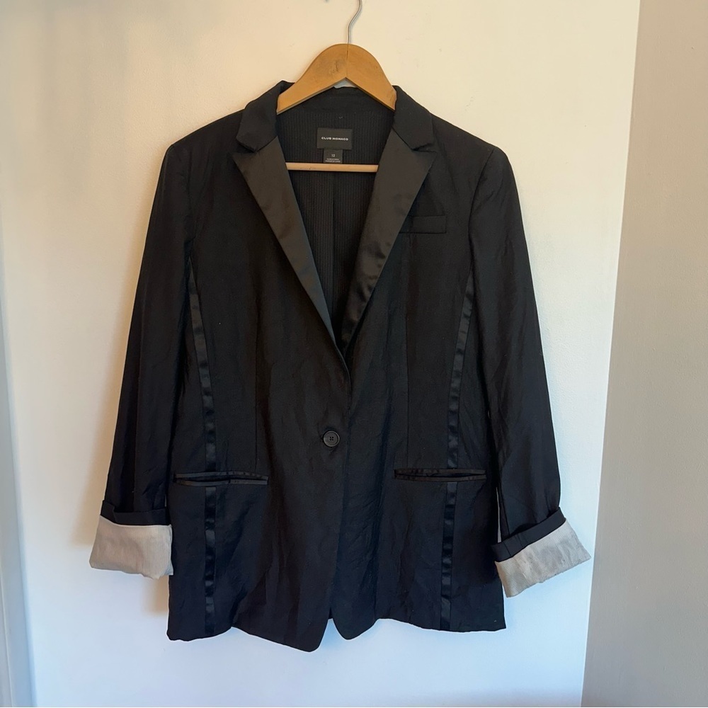 Club Monaco Blazer Womens Size 12 Black Wool Accent Darts Collar Single Button - Picture 2 of 16